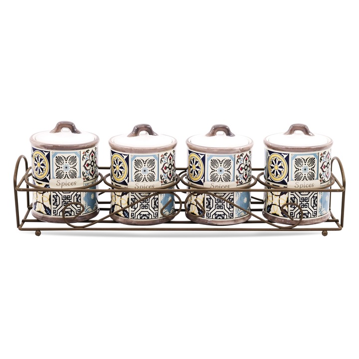 Комплект 4 керамични съда за подправки, Маестро, с метална поставка, бял, 4x.