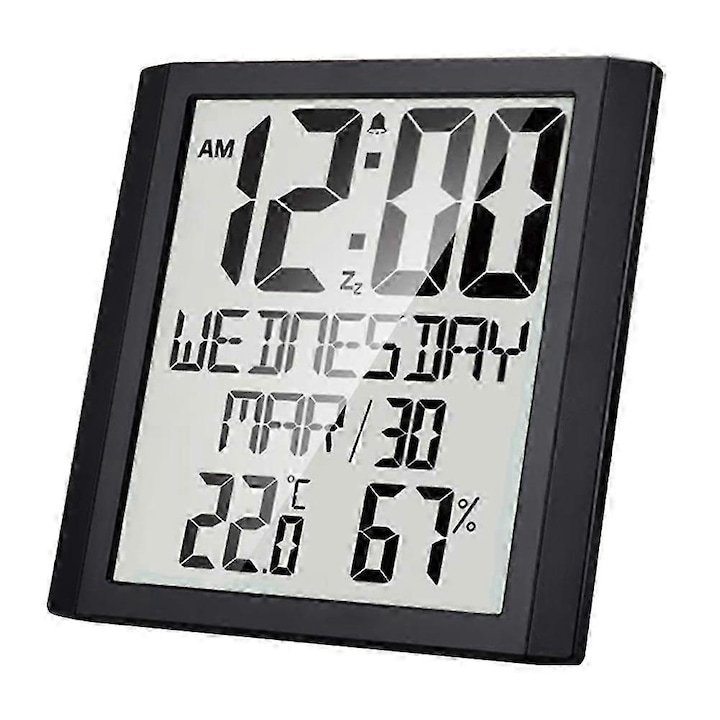 Ceas digital de perete cu termohigrometru, alarma, negru, 20x3x20cm
