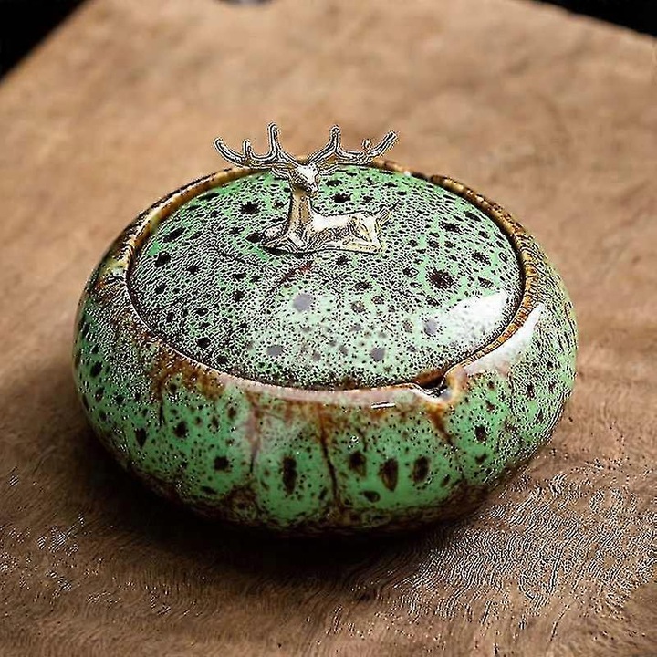 Scrumiera ceramica cu capac, design retro, multicolor, 10.7x8x6.5cm, set 1 buc.