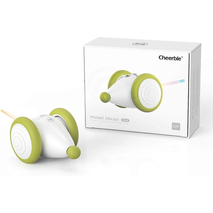 Jucarie interactiva pentru pisici, 2 viteze, USB-C reincarcabil, alarma de alerta, design detasabil, alb/verde