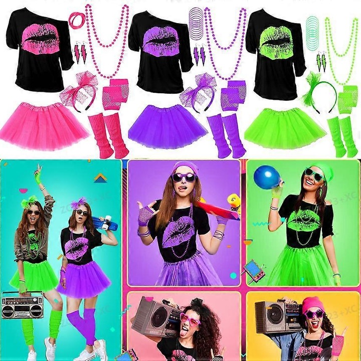 Costum 80s pentru femei, set complet, tricou cu imprimeu buze rosii, rochie tutu, manusi, cercei, bratara, multicolor, marimi S-3XL
