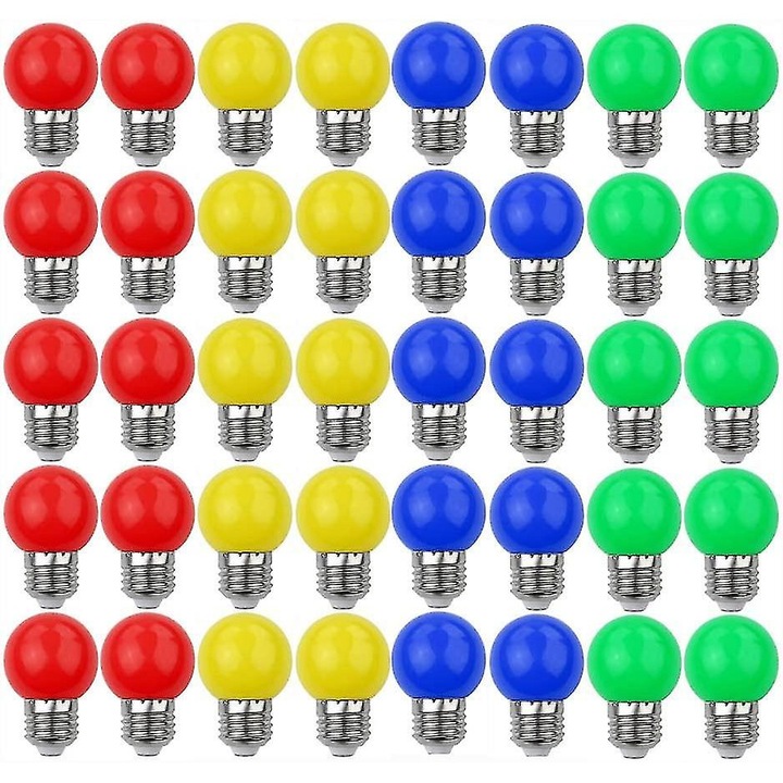 Becuri LED colorate E27 3W=30W, 240 lumeni, set de 40, culori rosu, galben, albastru, verde