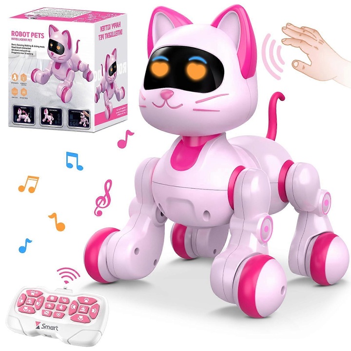 Pisica robot interactiva pentru copii, roz, cu baterie reincarcabila USB
