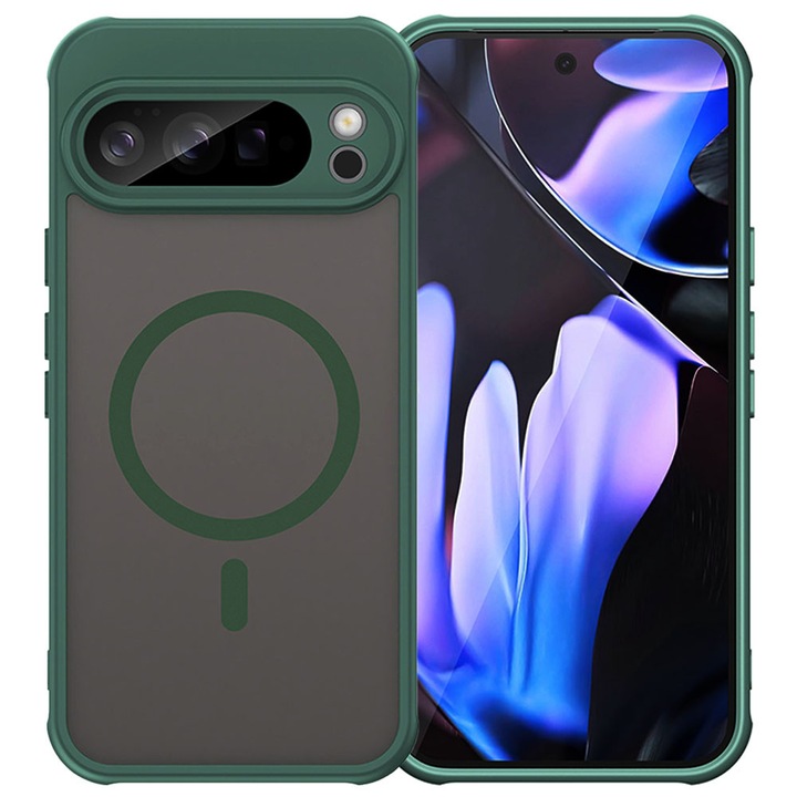 Husa cu magnet pentru Google Pixel 10 Pro, Magnetic Defense Remastered, Policarbonat mat, Spate fumuriu, Colturi cu protectie antisoc, Atasare magnetica, Wireless charging, Verde inchis