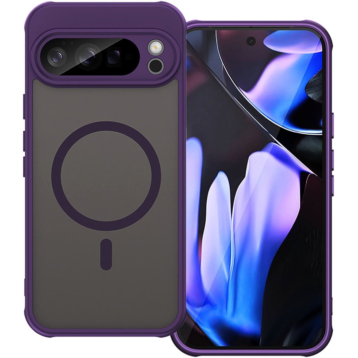 Husa cu magnet pentru Google Pixel 10 Pro XL, Magnetic Defense Remastered, Policarbonat mat, Spate fumuriu, Colturi cu protectie antisoc, Atasare magnetica, Wireless charging, Mov inchis