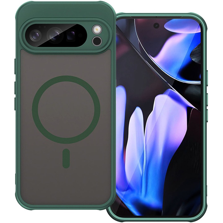Husa cu magnet pentru Google Pixel 10 Pro XL, Magnetic Defense Remastered, Policarbonat mat, Spate fumuriu, Colturi cu protectie antisoc, Atasare magnetica, Wireless charging, Verde inchis