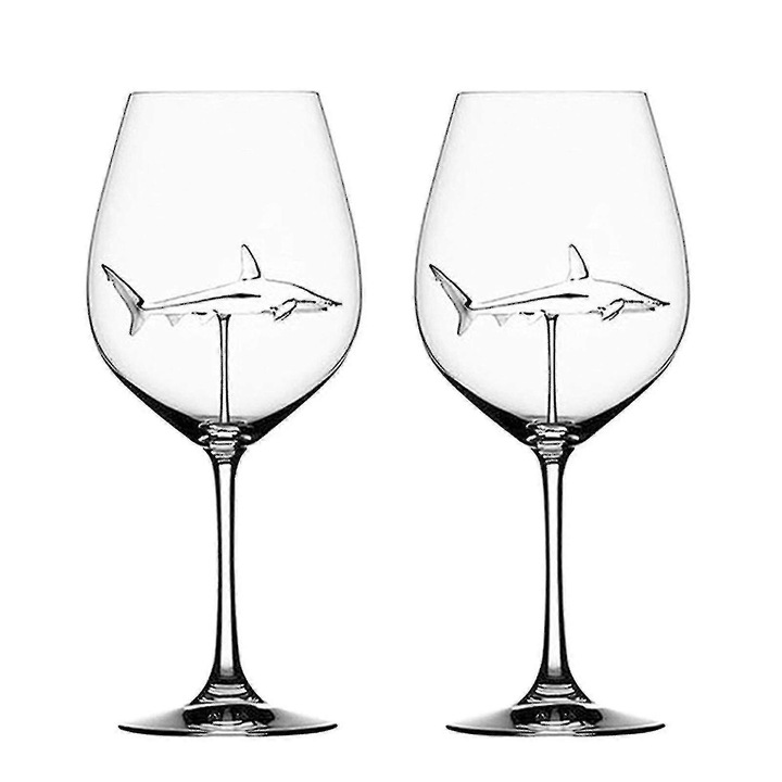 Pahare de vin rosu cu rechin, set 2 bucati, cristal, transparent, 21x7.5cm, capacitate 300ml