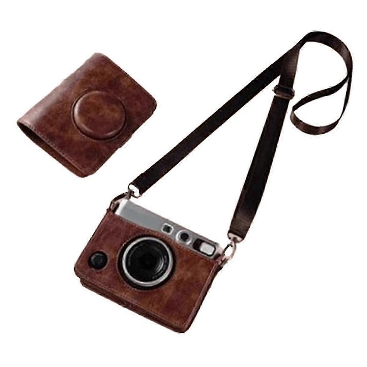 Geanta foto din piele PU pentru Fujifilm Instax Mini EVO, culoare cafea, cu curea de umar, protectie durabila