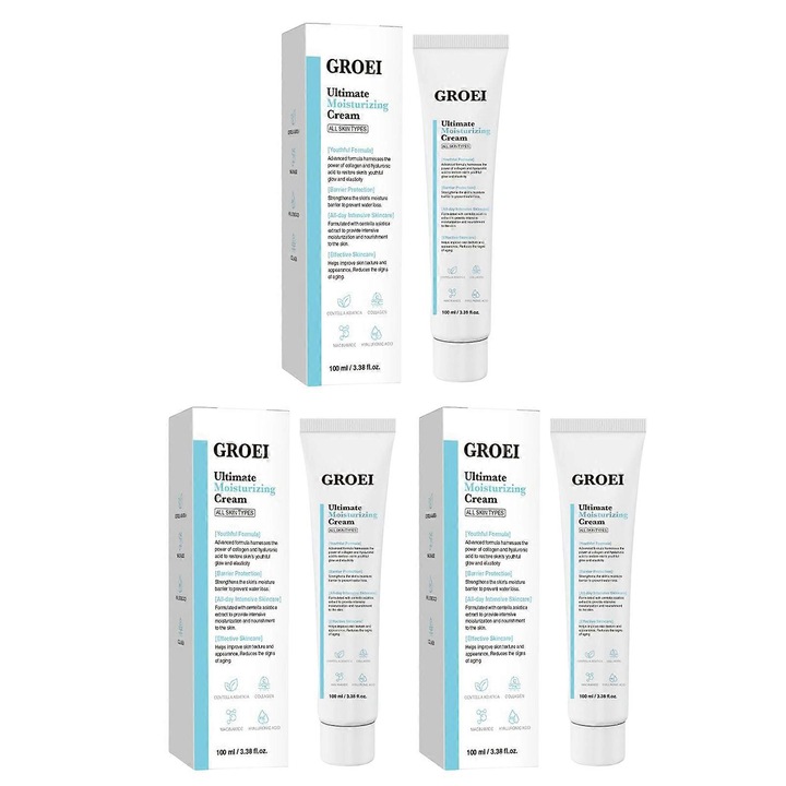 Crema hidratanta anti-imbatranire pentru fata, Groei, 3 bucati, cu colagen si acid hialuronic, 100ml