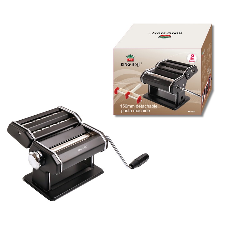 2 az 1-ben tészta- és tésztakészítő gép, Kinghoff, fekete, 9 vastagsági fokozat, 15cm szélesség, komplett szett