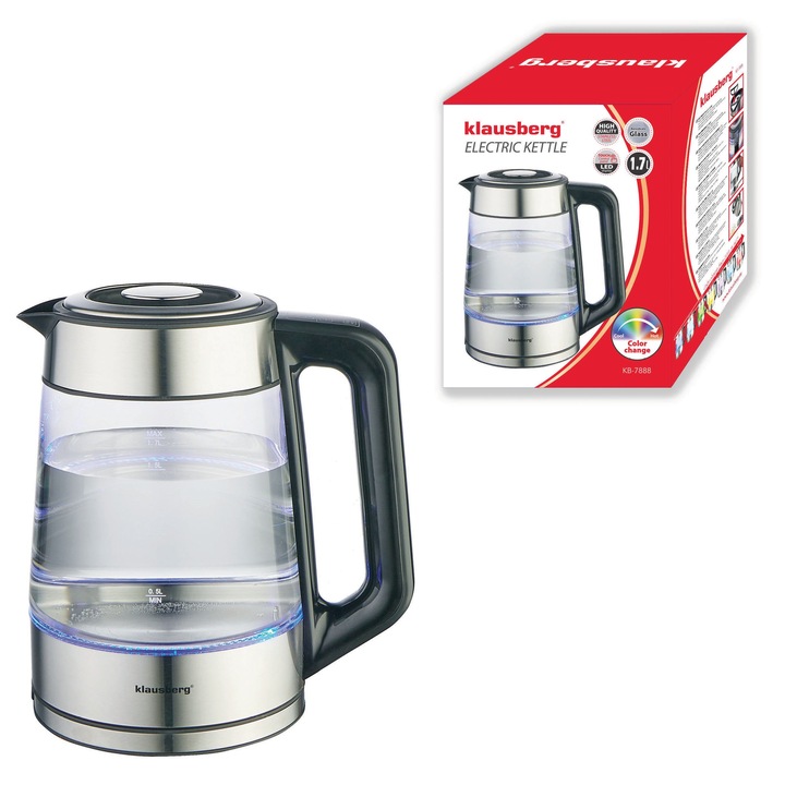 Fierbator electric cu reglare temperatura, 1.7L, sticla borosilicata, LED, Klausberg