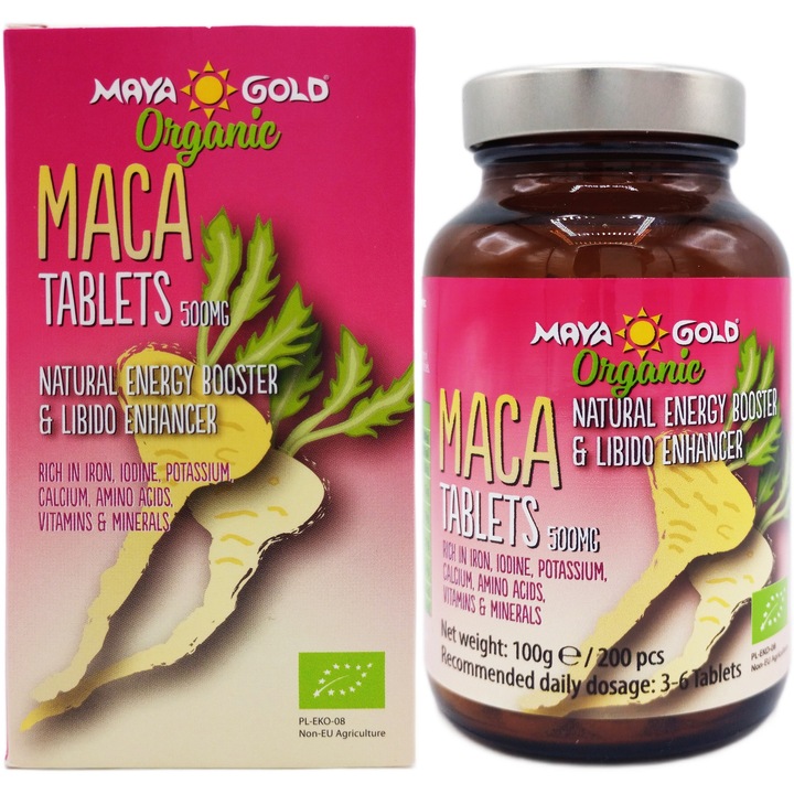 Maca bio 500mg 200 tablete, "Echilibrant hormonal, Stimulent sexual, Tonic energizant, 100%natural fara aditivi sau conservanti, Maya Gold Organic