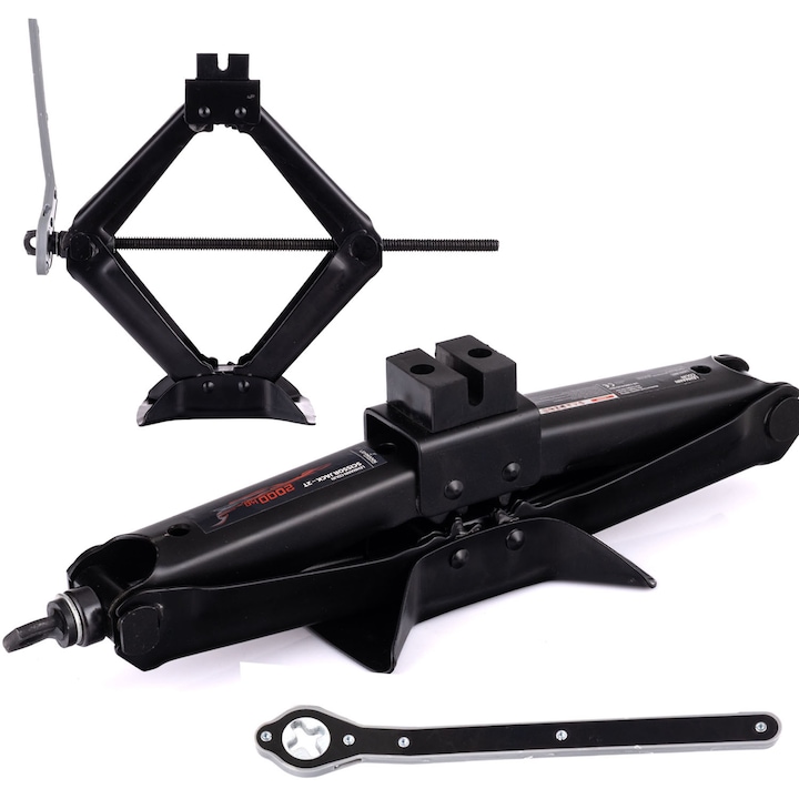 Cric trapezoidal Lehmann Colin, 2000 kg, 120-420 mm, cu capat din cauciuc, otel, 3.3 kg, 44x12x12 cm, negru, set complet cu cheie cu clichet