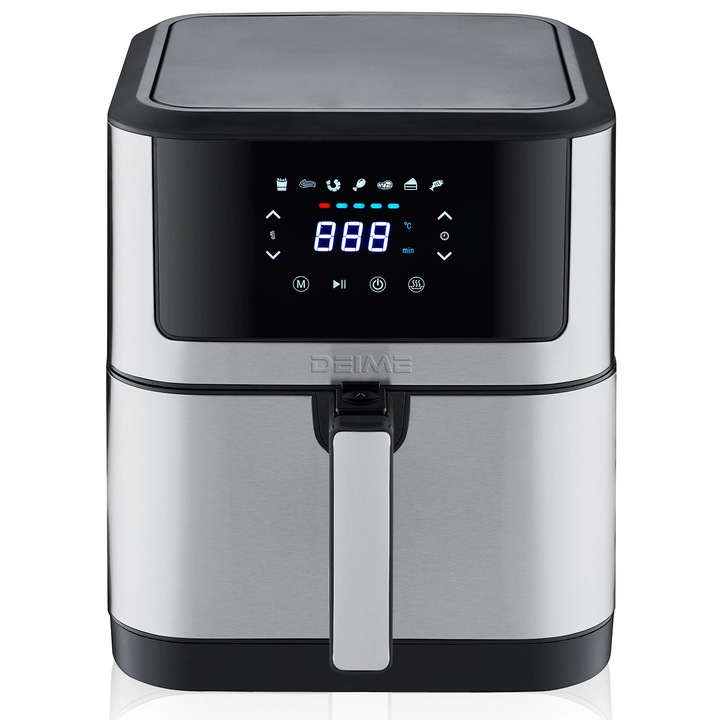 Friteuza cu aer cald Air fryer DEIME 6 litri 1500W otel inoxidabil, 8 programe, fereastra de gatit vizibila, Airflayer cu ecran tactil LCD, cos antiaderent