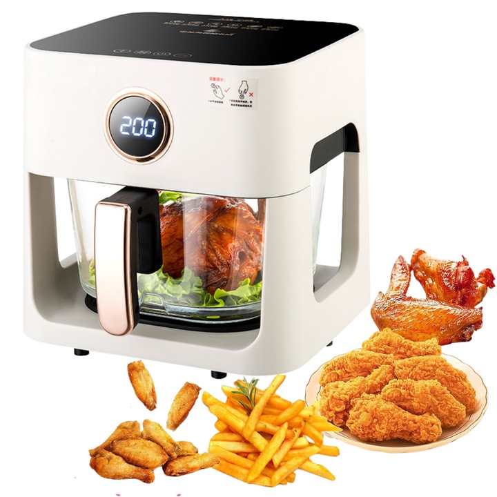Friteuza cu aer cald, air frayer fara ulei, capacitate 5L, ecran tactil, recipent transparent din sticla borosilicata, putere 1200W, Temperatura reglabila 0-200°C, termomentru 60 Minute, cos detasabil, gatire rapida si uniforma