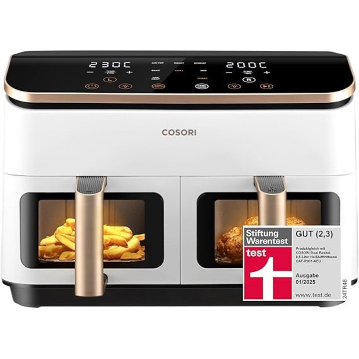Фритюрник с горещ въздух COSORI с 2 отделения, победител в теста на Stiftung Warentest, фритюрник с горещ въздух 6 в 1, 8,5 Л с прозорец за наблюдение, кремаво бял