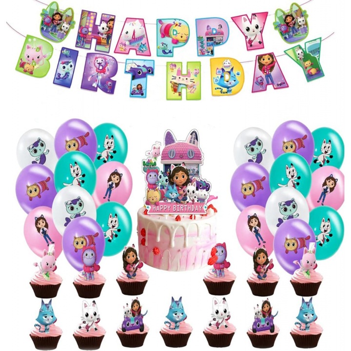 Set de petrecere Gabby, Balon din folie figurina Gabby, banner Happy Birthday, baloane folie Gabby's DollHouse, baloane din latex Gabby, decoratiuni pentru tort, decorative aniversara Gabby