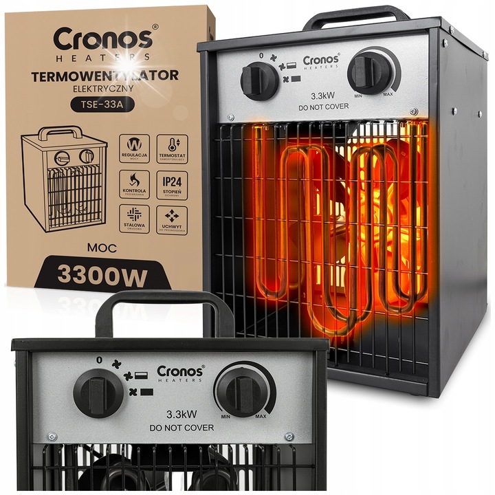 Aeroterma industriala Cronos 3,3kW, 3 trepte de putere, protectie IP24, dimensiuni 26,5x26x40cm