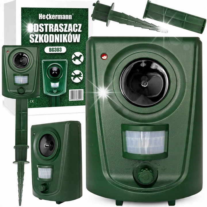 Ултразвуков репелент за гризачи, HECKERMANN, 200-300м, зелен, 11x6,8x45см, захранване с батерии и соларно