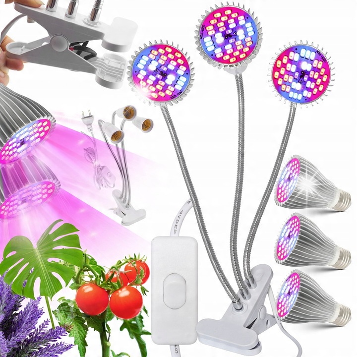 Lampa LED pentru cresterea plantelor Heckermann, 90W, 120 LED-uri, 3000lm, 3 brate flexibile, E27