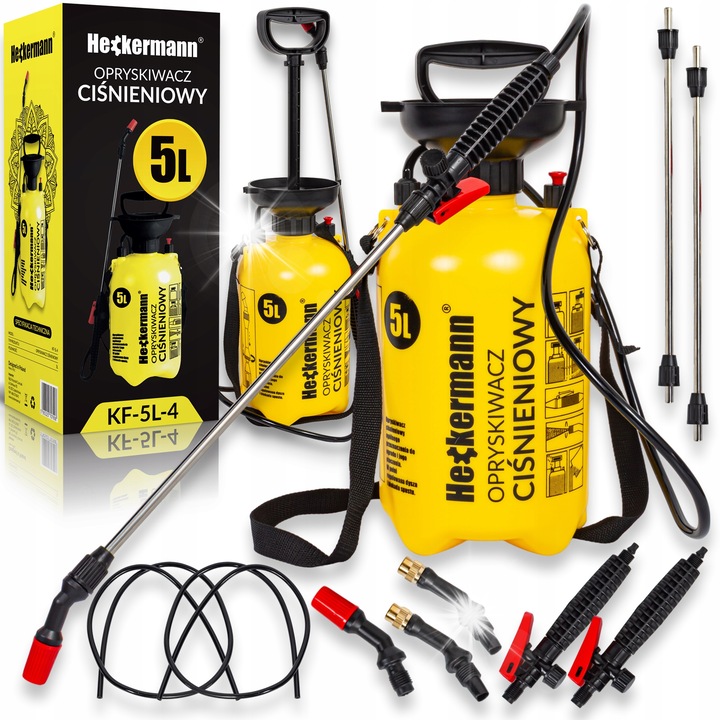 Opryskiwacz manual cu pompa Heckermann, capacitate 5L, design ergonomic, culoare galbena, set complet