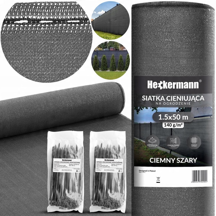 Árnyékoló háló 1,5x10m, 90% árnyékolás, grafit, 120g/m², szett rögzítő tartozékokkal