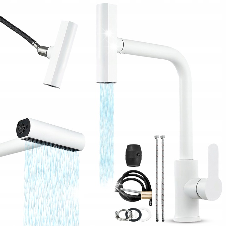 Heckermann FY-16 konyhai csaptelep, modern design, rugalmas kifolyócső, fehér, teljes szerelési készlet