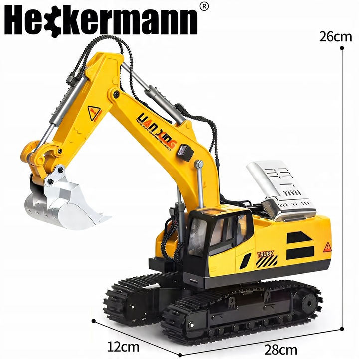 Багер с дистанционно управление Heckermann, 12x28x26см, 2 батерии, звукови и димни ефекти