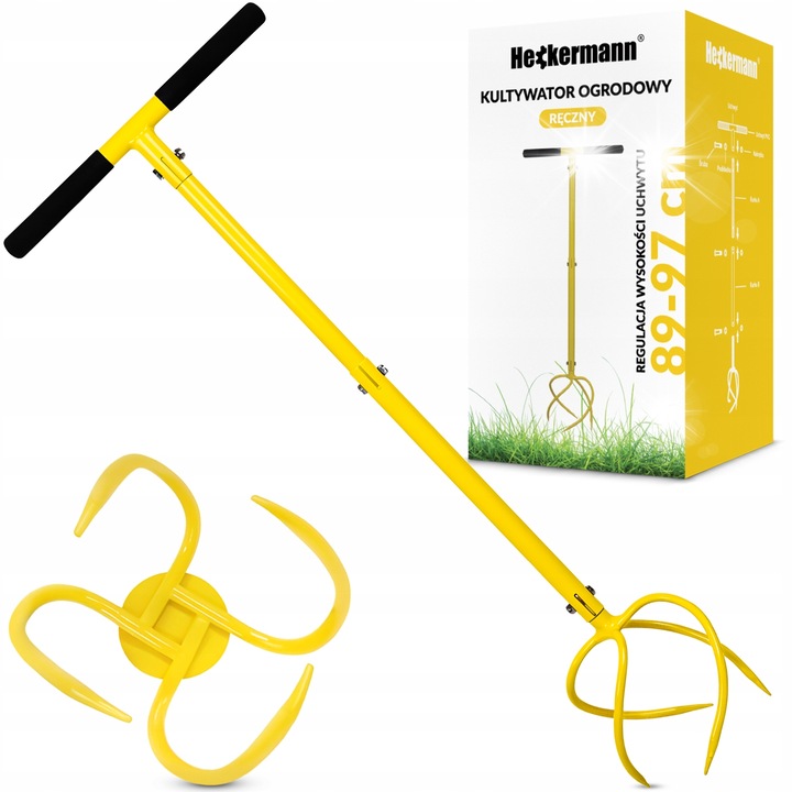 Heckermann kézi kultivátor, 4 fogú, állítható magasság 89-97cm, sárga