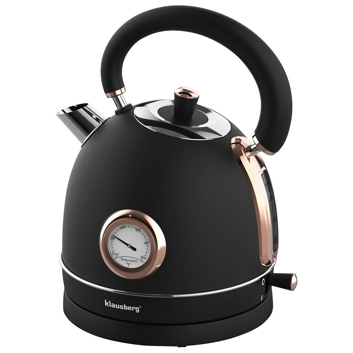 Fierbator electric cu termometru, Klausberg, 1.8L, 2200W, inox, negru/rose gold