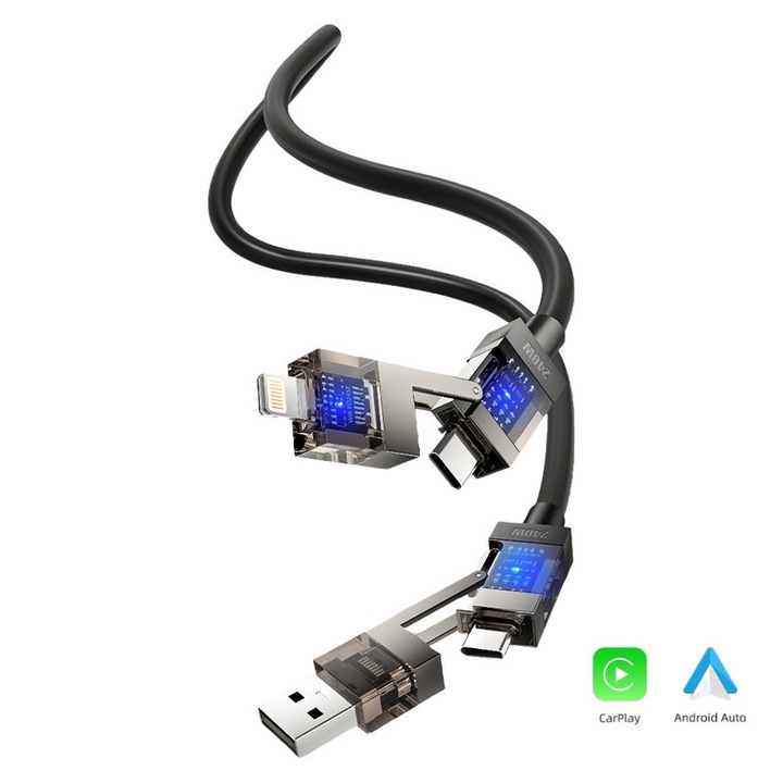 4 az 1-ben gyorstöltő kábel 240W, fekete, 1.2m, USB-C-ről USB-A-ra