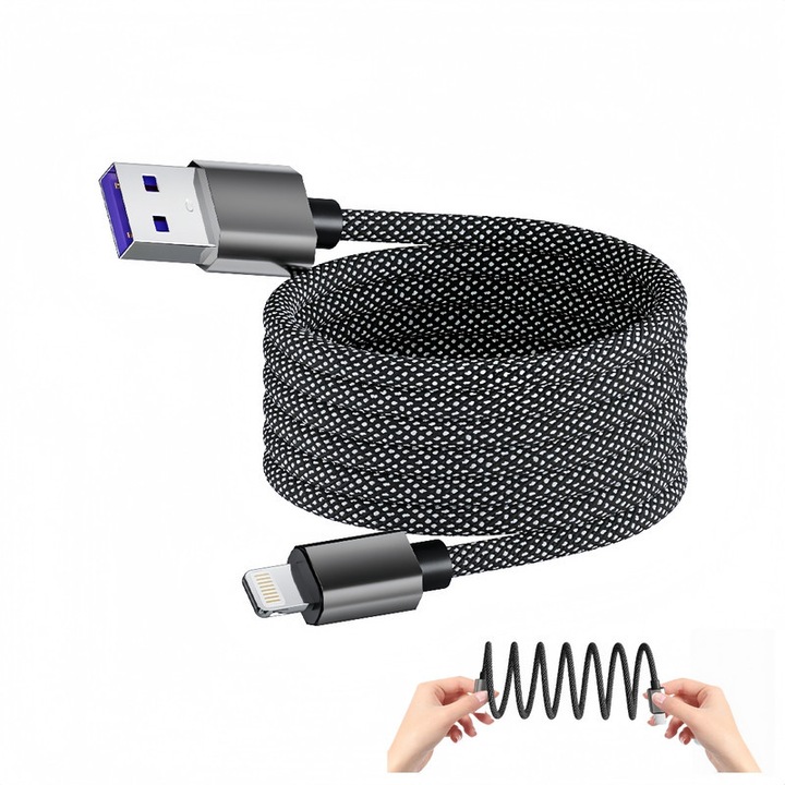 Mágneses USB A -> Lightning kábel, 1m, fekete, 480Mbps, intelligens védelem, automata feltekercselés
