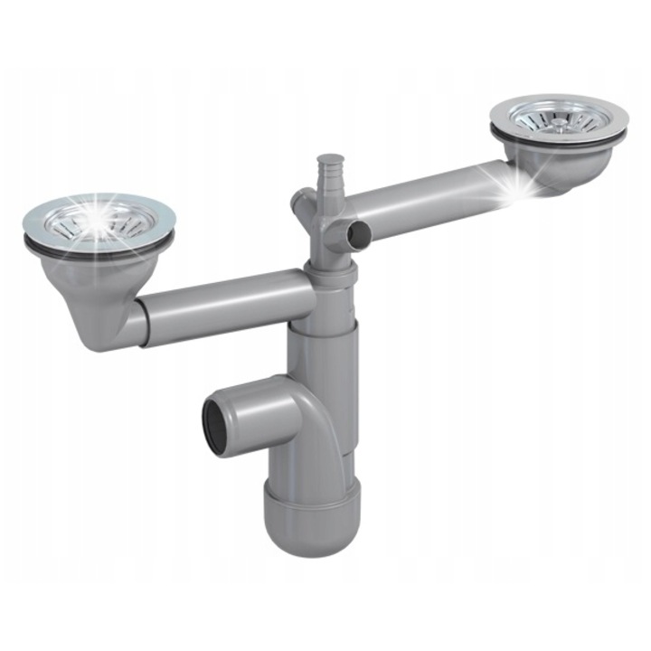 Сифон за кухненска мивка с две корита Flexloc Pro, Prevex, PVC, 90мм, комплект с цедка