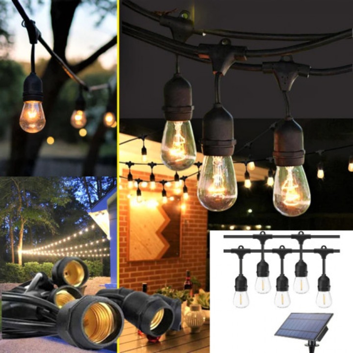 Ghirlanda luminoasa de exterior solara 10 becuri (2 LEDuri Filament), 5 M, 220 V interconectabil, cablu negru, alb cald - Copie