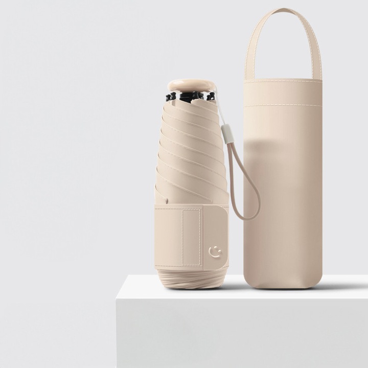 Мини сгъваем чадър с калъф, преносим 220 г, ергономична дръжка с връзка, двойна рамка от фибростъкло против ръжда, черен анти-UV UPF50+ слой, защита от дъжд и слънце, водоустойчив лотосов ефект, Крем