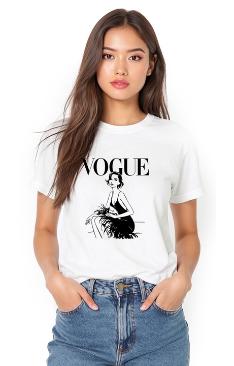 Tricou de dama din bumbac cu imprimeu fashion iconic „Vogue Elegance, Alb