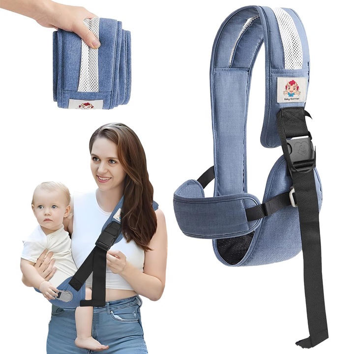 Кенгуру колан за носене на деца, Максимално тегло 15 кг, Регулируема каишка, между 3 и 36 месеца, Памук, Деним син
