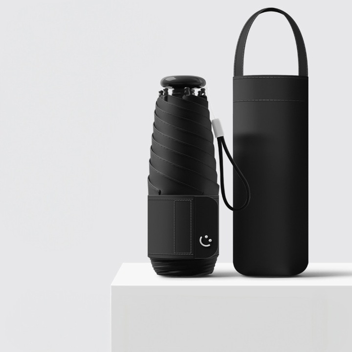 Мини сгъваем чадър с калъф, преносим 220 г, ергономична дръжка с връзка, двойна рамка от фибростъкло против ръжда, черен анти-UV UPF50+ слой, защита от дъжд и слънце, водоустойчив лотос ефект, Черен