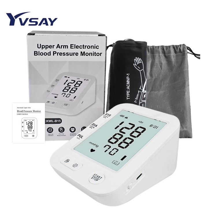 Automata vérnyomásmérő, 4 színű LCD kijelző, nagy, állítható mandzsetta, szabálytalan szívverés érzékelés, fehér, 5x2.8x3.7in