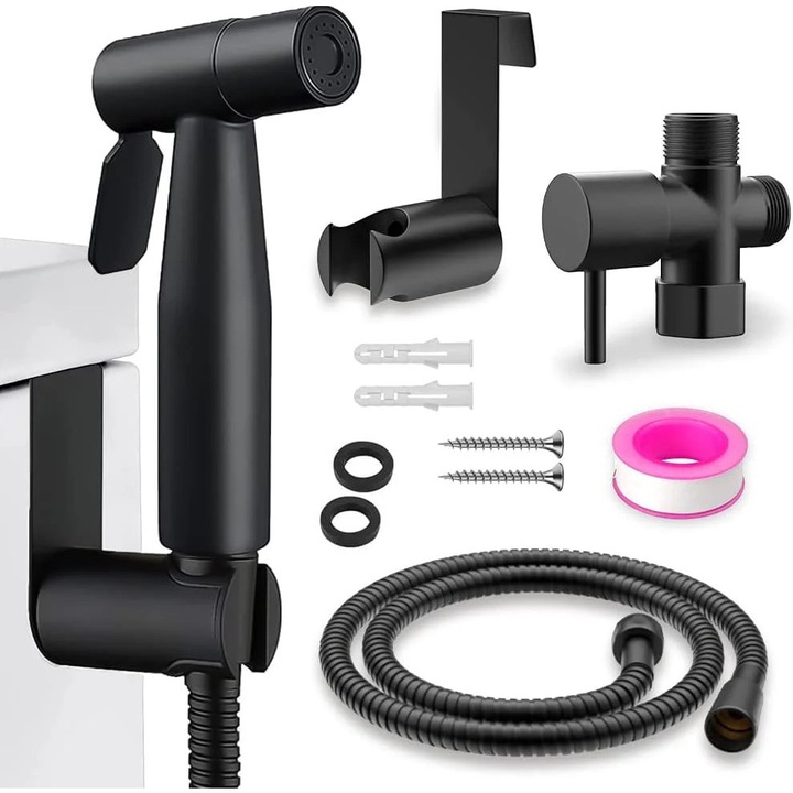 Pulverizator Dus Igienic, Jet Reglabil Delicat Sau Puternic, Otel Inoxidabil, Furtun Flexibil 120 Cm, Adaptor In T Din Alama Solida, Instalare Rapida Pe Perete Sau Rezervor, Smart Gadgets C&A Negru