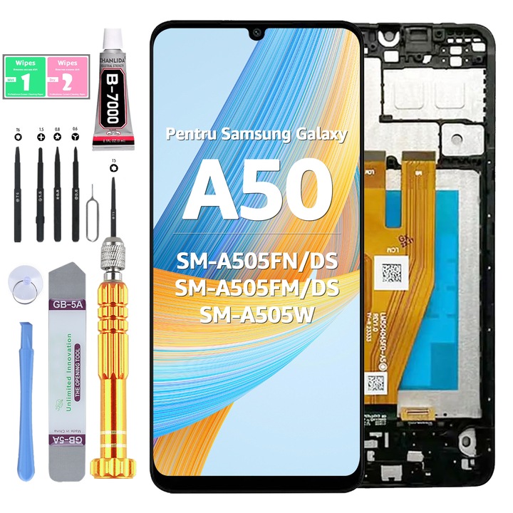 Дисплей LCD за Samsung Galaxy A50, SM-A505FN/DS, тъчскрийн с рамка, черен, Yodoit