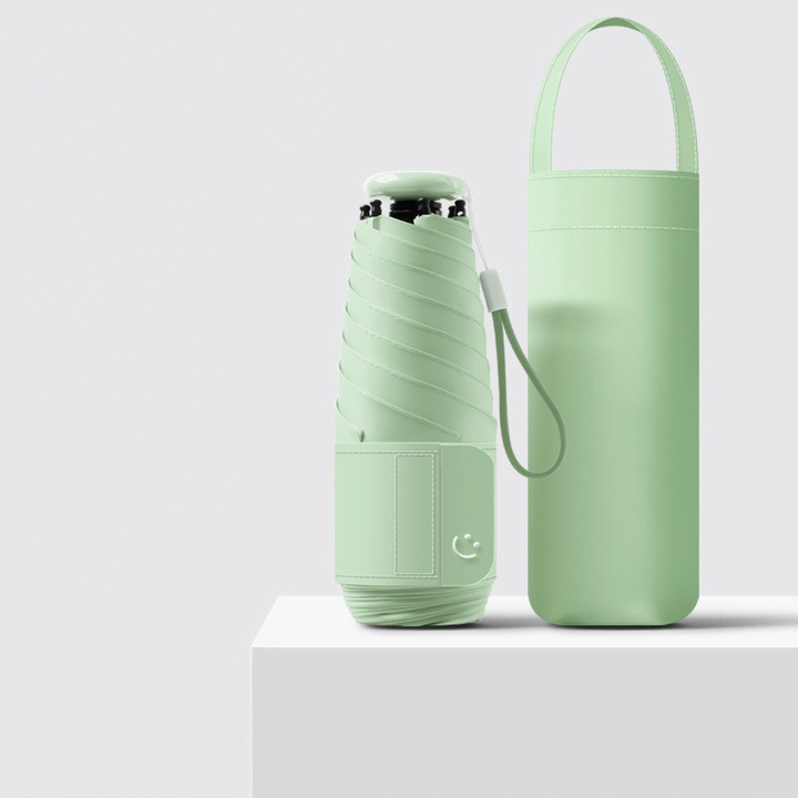 Мини сгъваем чадър с калъф, преносим 220 г, ергономична дръжка с връзка, двойна рамка от фибростъкло против ръжда, черен анти-UV слой UPF50+, защита от дъжд и слънце, водоустойчив лотосов ефект, ментово зелено