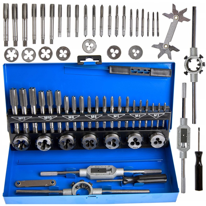Комплект от 32 инструмента за нарязване на резби, Vorfal M3-M12, от бързорежеща стомана, с регулируеми дръжки и ключове