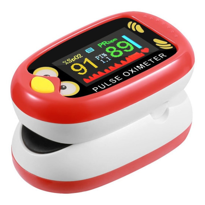 Hordozható gyermek pulzoximéter, rajzfilm design, forgatható képernyő, 8.1x3.8x3 cm, piros