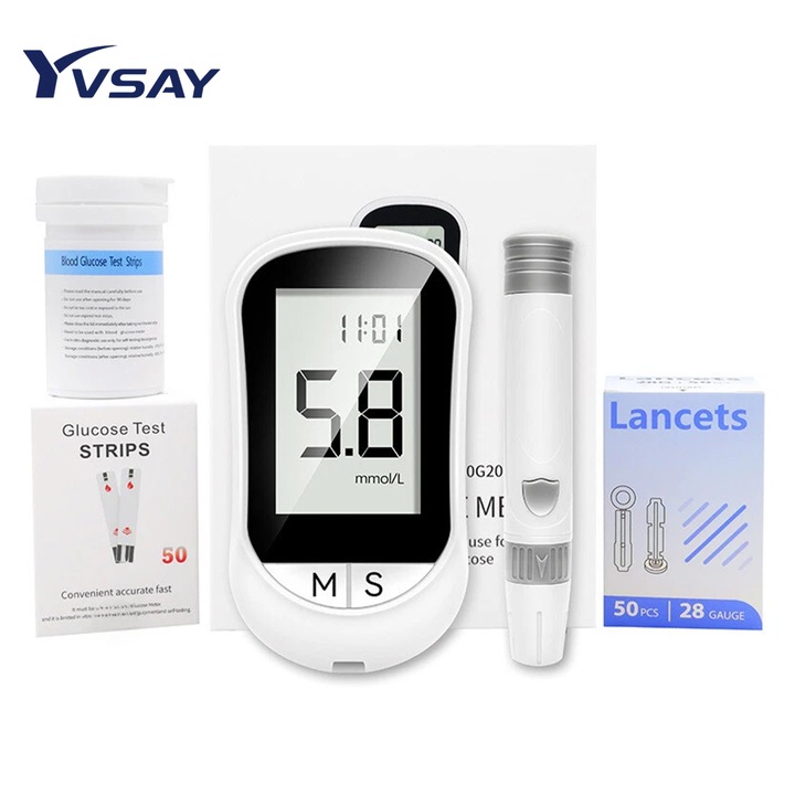 Преносим глюкомер, комплект за измерване на кръвна захар, 50 тест ленти, 50 ланцети, калъф за носене, бял