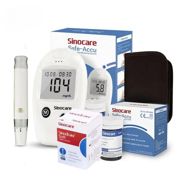 Glucometru portabil pentru monitorizarea glicemiei, Sinocare, cu 50 benzi de testare, 50 ace, geanta de transport, alb