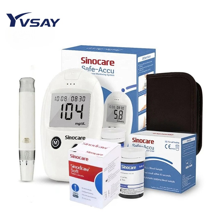 Hordozható glükométer vércukorszint mérésére, Sinocare, 50 tesztcsíkkal, 50 lándzsával, hordtáskával, fehér