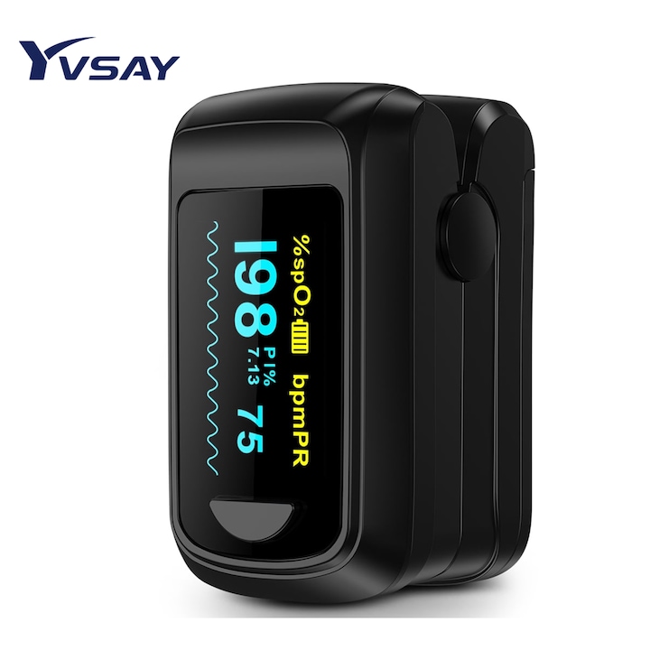 YVSAY® Oximetru Pulsoximetru 3 in 1, monitor de saturatie a oxigenului din sange, SpO2/PR bpm/PI, ritm cardiac, indice de perfuzie, monitor de ritm cardiac pentru adulti si copii, Negru