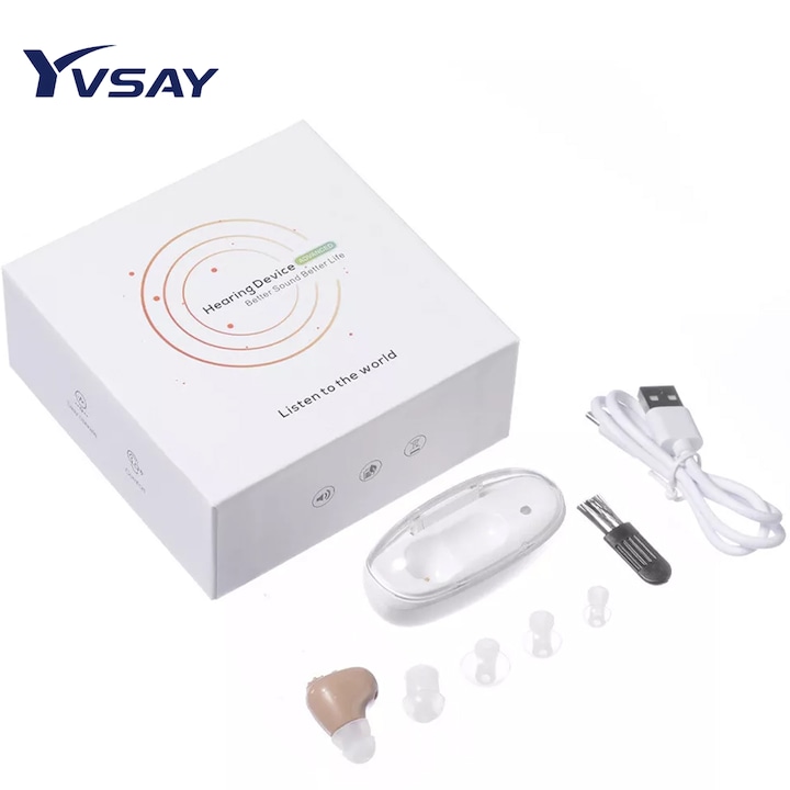 Aparat Auditiv YVSAY®, Autonomie 60h, 130 dB, Incarcare Rapida 1h, Carcasa Magnetica, Microfon, Control Volum, Reducere Zgomot, Port Type-C, Amplificator de Sunet, Pentru Hipoacuzie Medie/Severa, Pentru Adulti/Varstnici Proteza Auditiva, Nude