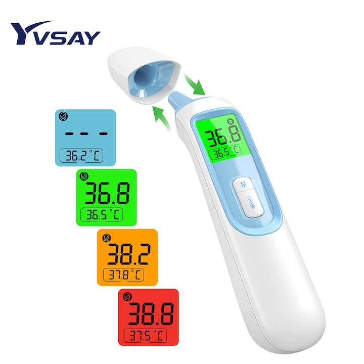 YVSAY® Termometru Digital 4 in 1: Non-Contact pentru Corp si Contact pentru Bebelusi, Copii si Adulti, Infrarosu cu Precizie, Citire Rapida, Alarma Febra (Temperatura Ridicata), Functie de Memorie 40 Citiri, Display LED, Alb-Verde